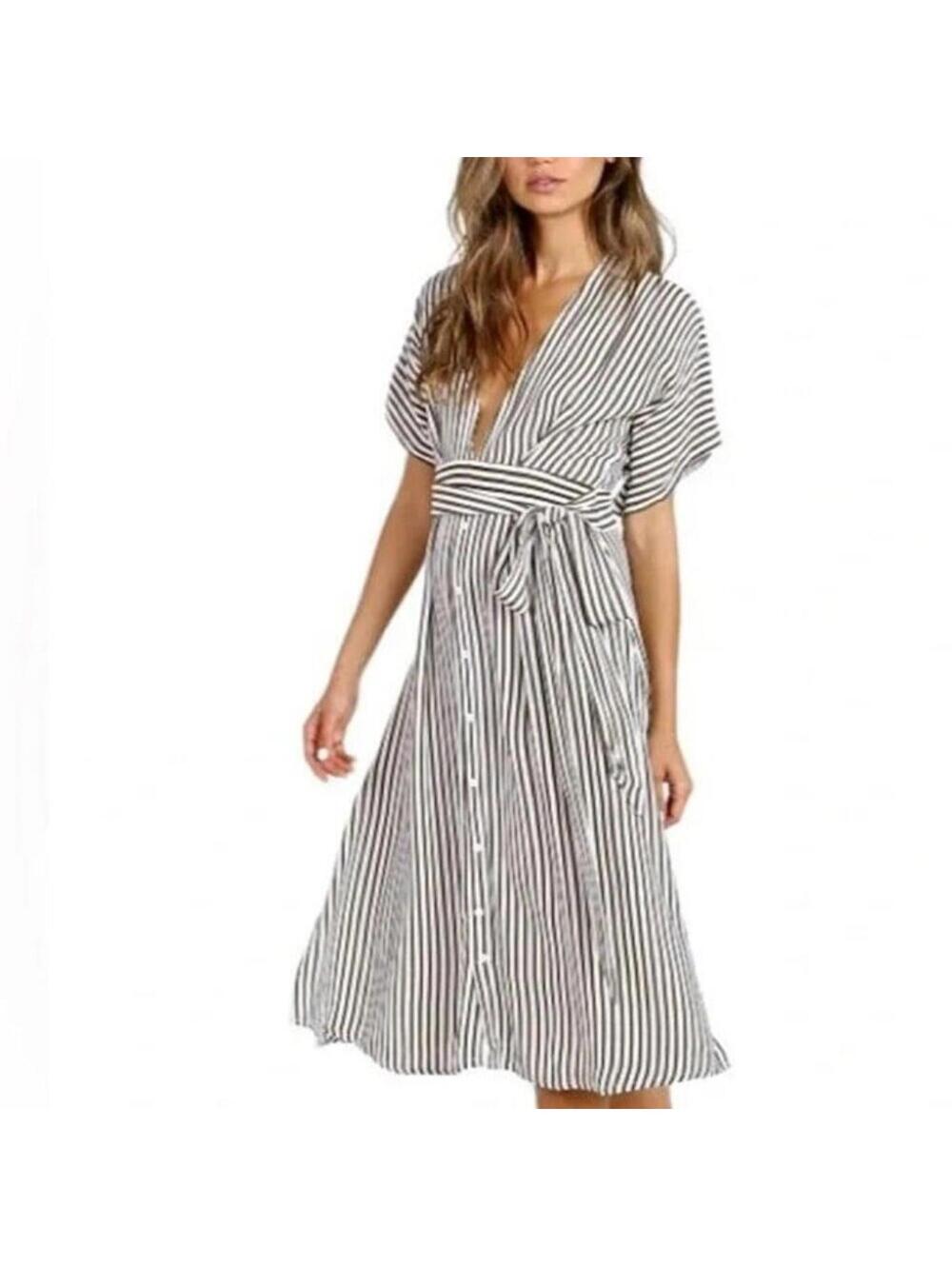 Faithfull the Brand Farah Midi Dress Brown Brighton Stripe Size 8 NWT